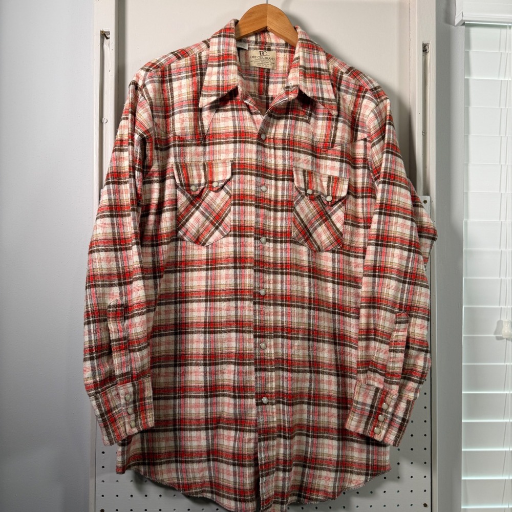 Vintage Dee Cee Brand Mens Plaid Western Pearl Snap Flannel Shirt Red Brown L